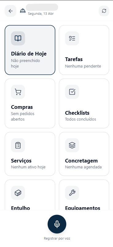 Modo Canteiro — interface mobile com 8 módulos e comando por voz